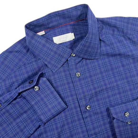 Eton Other - Eton Button Down Mens XL Blue Micro Check Contemporary Fit Cotton Dress Shirt